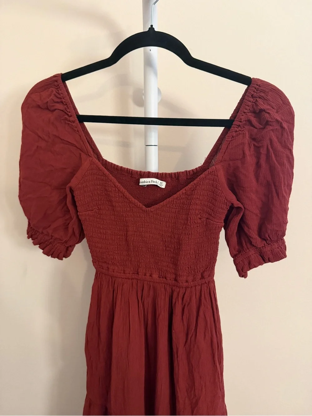 Abercrombie and Fitch Wine Red Smocked Puff-Sleeve Midi Dress